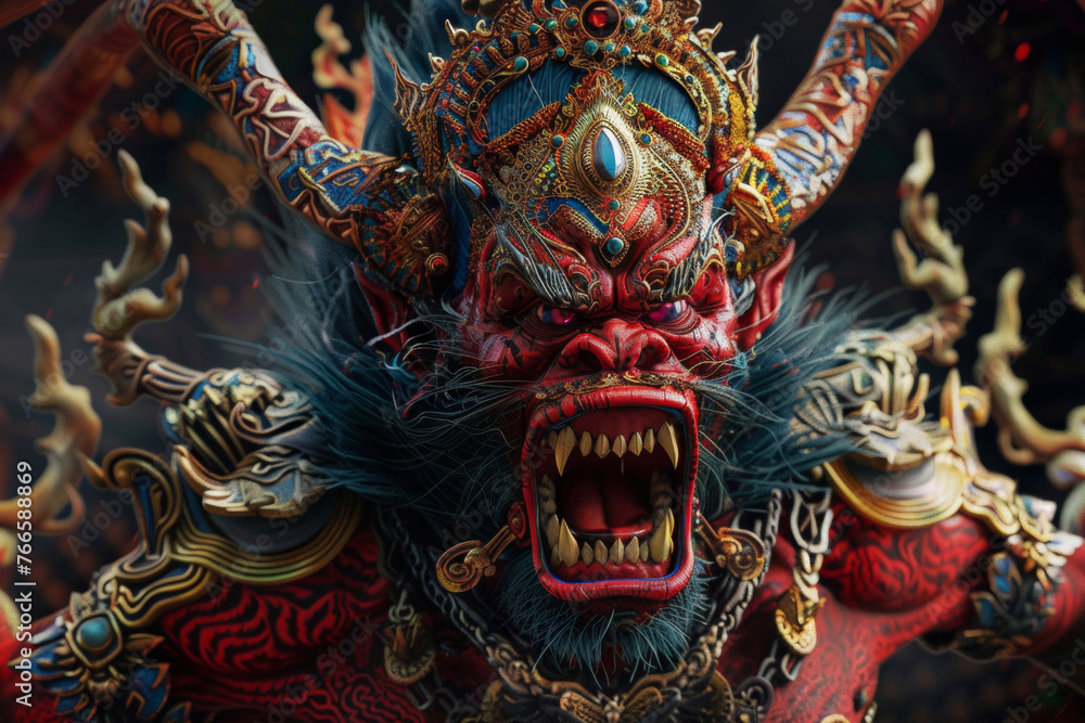 Majestic Balinese Demon Mask in Traditional Performance. An intricate and vibrant depiction of cultural art and mythology, exuding raw emotion and energy