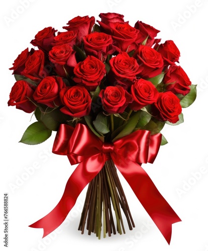 Realistic bouquet of red roses with a red bow on a white background