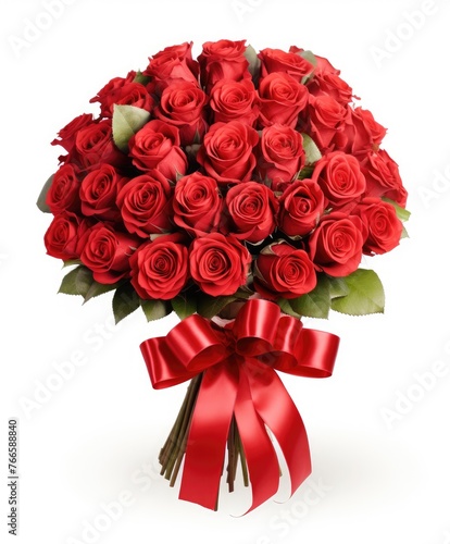 Realistic bouquet of red roses with a red bow on a white background