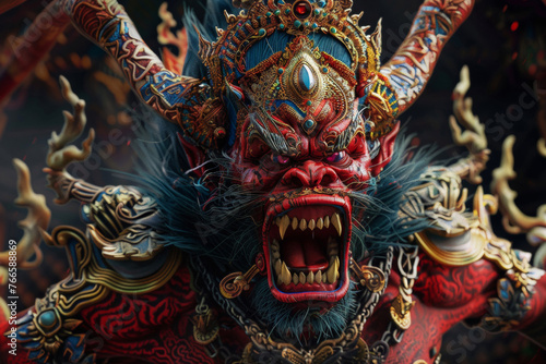 Majestic Balinese Demon Mask in Traditional Performance. An intricate and vibrant depiction of cultural art and mythology  exuding raw emotion and energy