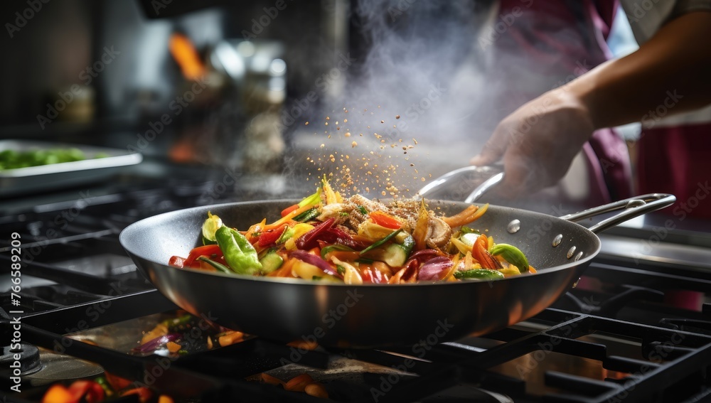 Professional chef cooking. He cooks the dish in a frying pan with an open flame. He works in a modern kitchen where different ingredients lie. Professional chef cooking. He cooks the dish in a frying pan with an open flame. He works in a modern kitchen where different ingredients lie.