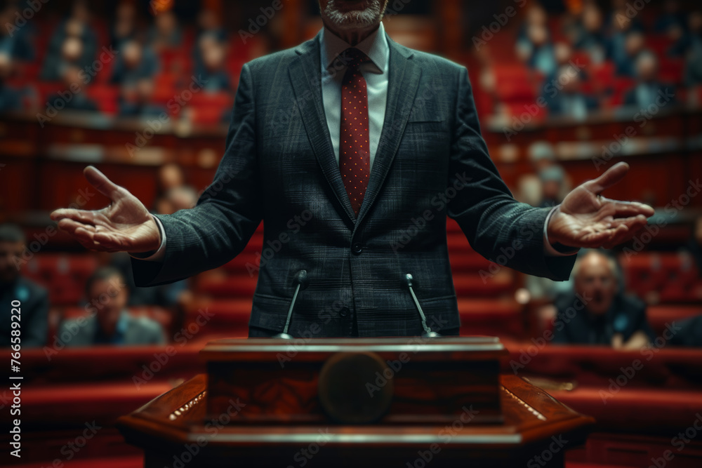A politician promises change, yet his actions only perpetuate the status quo, showcasing the hypocrisy of political rhetoric. Generative Ai. - obrazy, fototapety, plakaty 