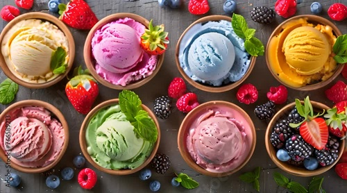 Ice cream assortment. Selection of colorful ice cream with berries and fruits on rustic table. Top view photo