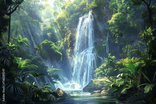 Majestic waterfall cascading through lush tropical rainforest, nature's breathtaking beauty, digital painting