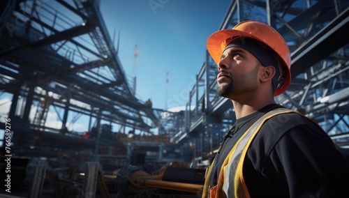 Background: A worker wearing a hard hat and safety vests walks through the construction site of an industrial building. In the background there is a crane, concrete frames of a skyscraper