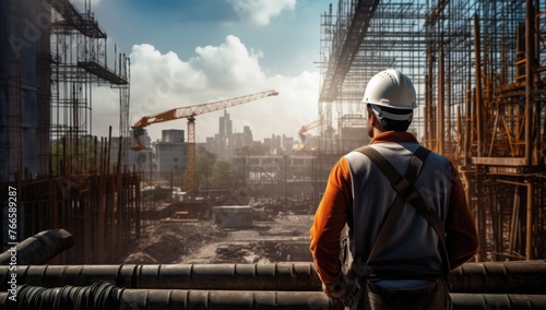 Background: A worker wearing a hard hat and safety vests walks through the construction site of an industrial building. In the background there is a crane, concrete frames of a skyscraper
