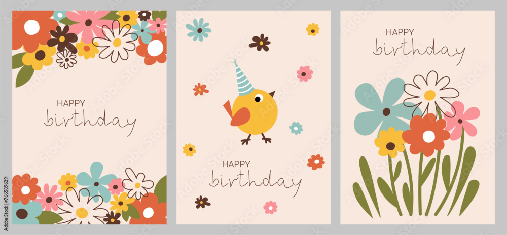 Happy birthday. A set of greeting cards with flowers and a bird in a festive hat. Hippie style design with space for text. Naive groovy funky decor. Flat vector retro illustrations. Happy birthday. A set of greeting cards with flowers and a bird in a festive hat. Hippie style design with space for text. Naive groovy funky decor. Flat vector retro illustrations.