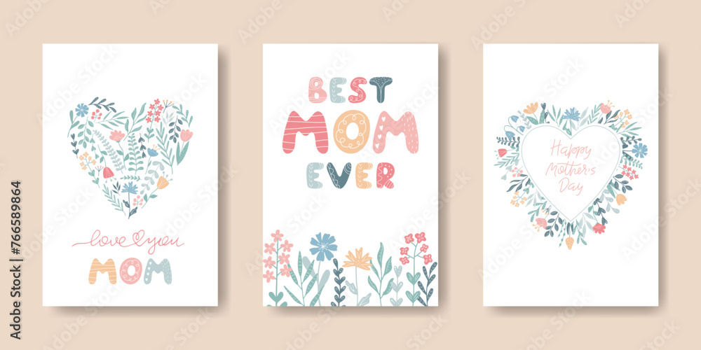 Mother's Day Greeting Cards, poster set. Blossom Floral Backgrounds with lettering wishes. Love mom drawn illustration. Template to design holiday card, invitation, flyer, banner