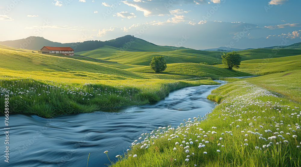 Fototapeta premium A tranquil countryside landscape with rolling green hills and meandering streams. Generative AI.