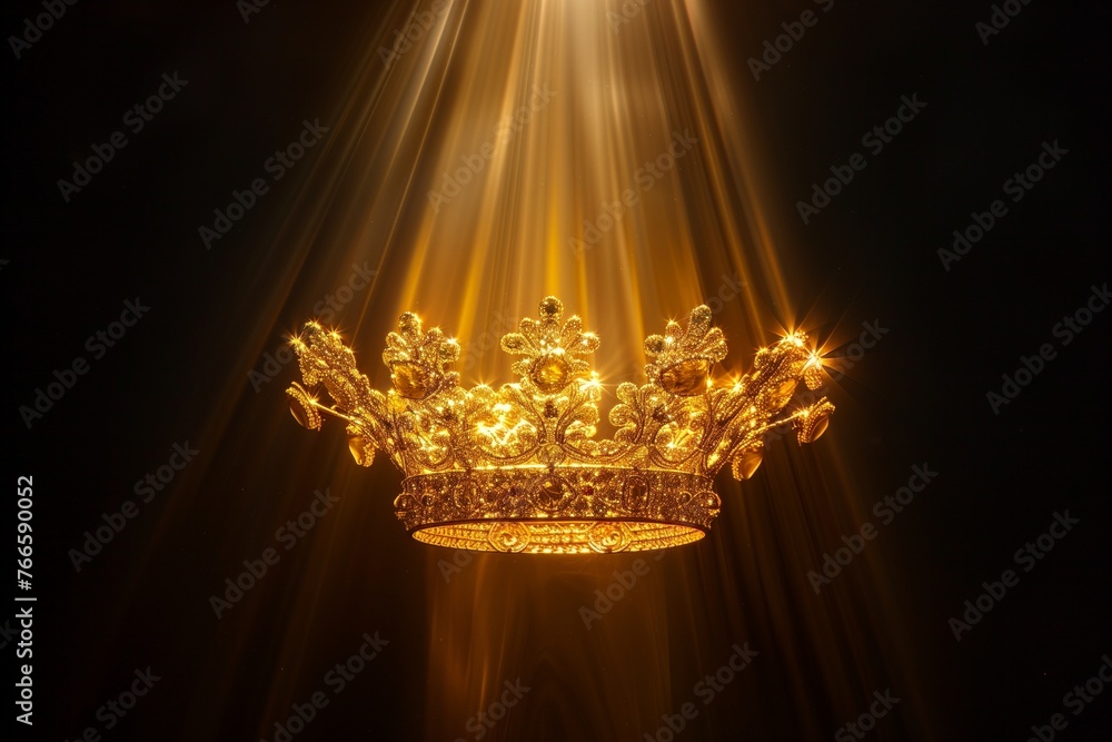 Witness the mesmerizing sight of a golden beam gracefully illuminating a majestic crown set against a backdrop of deep blackness.