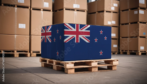 Box with New Zealand flag. New Zealand logistics port. Logistics industry in New Zealand. Export and import of goods.