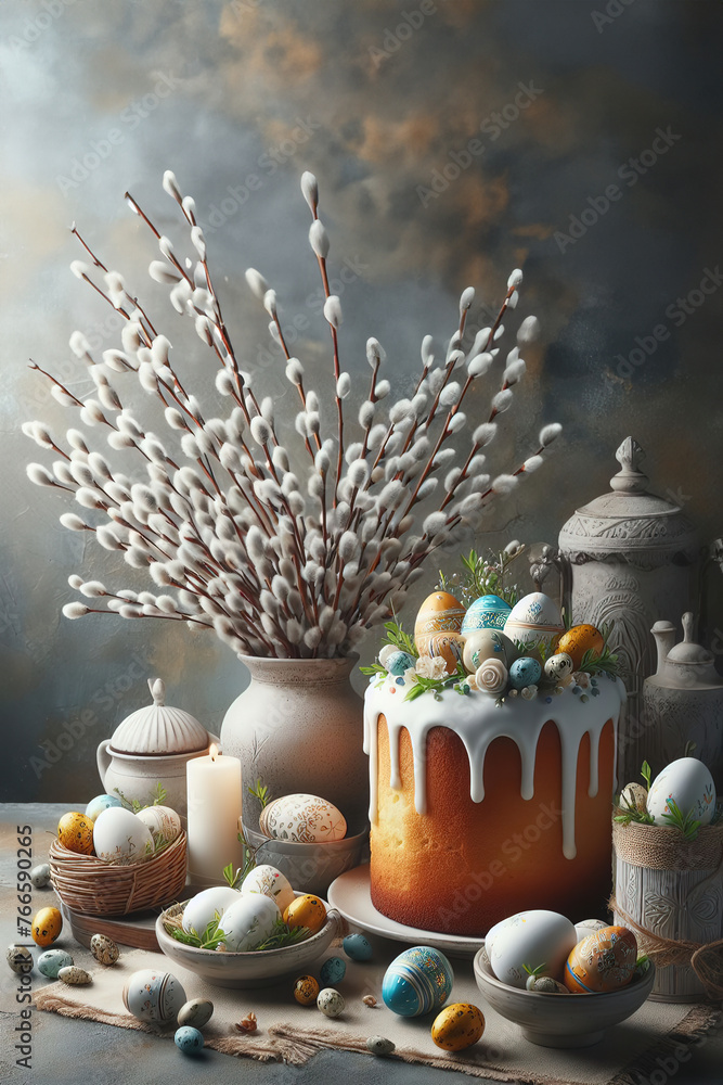 Easter cake with colored eggs and willow flowers, postcard. Generative AI