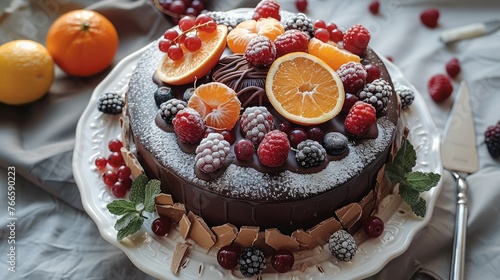 A chocolate cake with orange and mint leaves, surrounded by frozen berries and clasps. The top is adorned with fresh oranges cut. Generative AI.