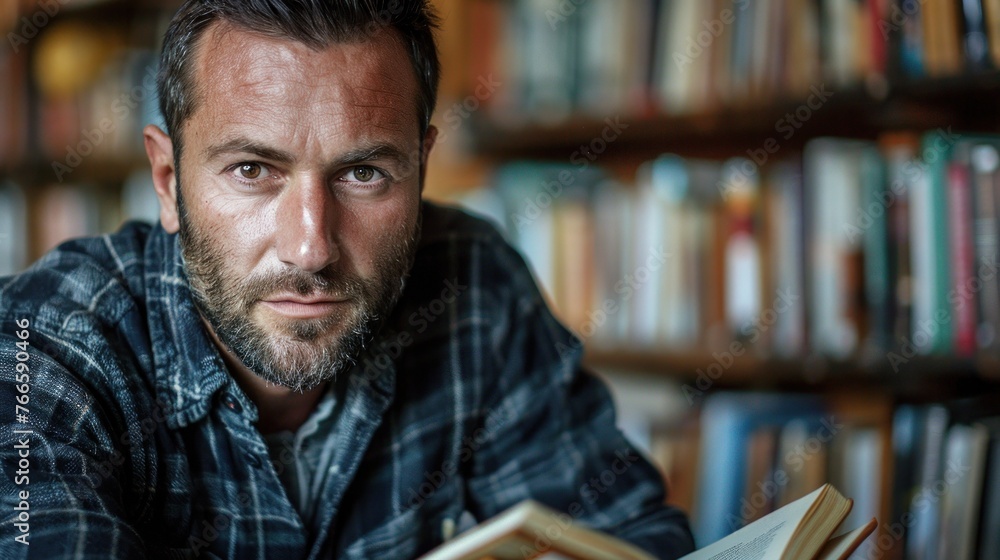 A man sitting and reading a book in a library filled with shelves of books A man sitting and reading a book in a library filled with shelves of books