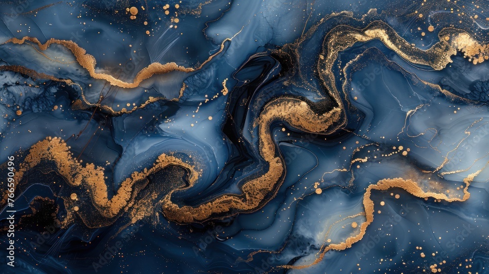 Intricate abstract painting featuring rich gold and deep blue colors Intricate abstract painting featuring rich gold and deep blue colors