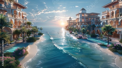 Luxurious beachfront resort development on a sea coast. Generative AI.