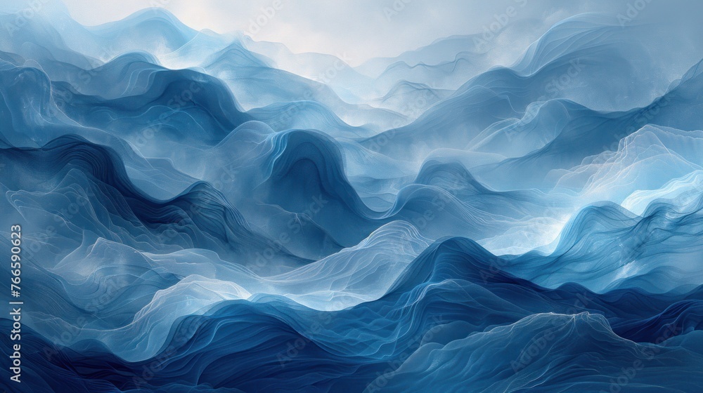 A painting depicting powerful blue waves crashing in the ocean A painting depicting powerful blue waves crashing in the ocean