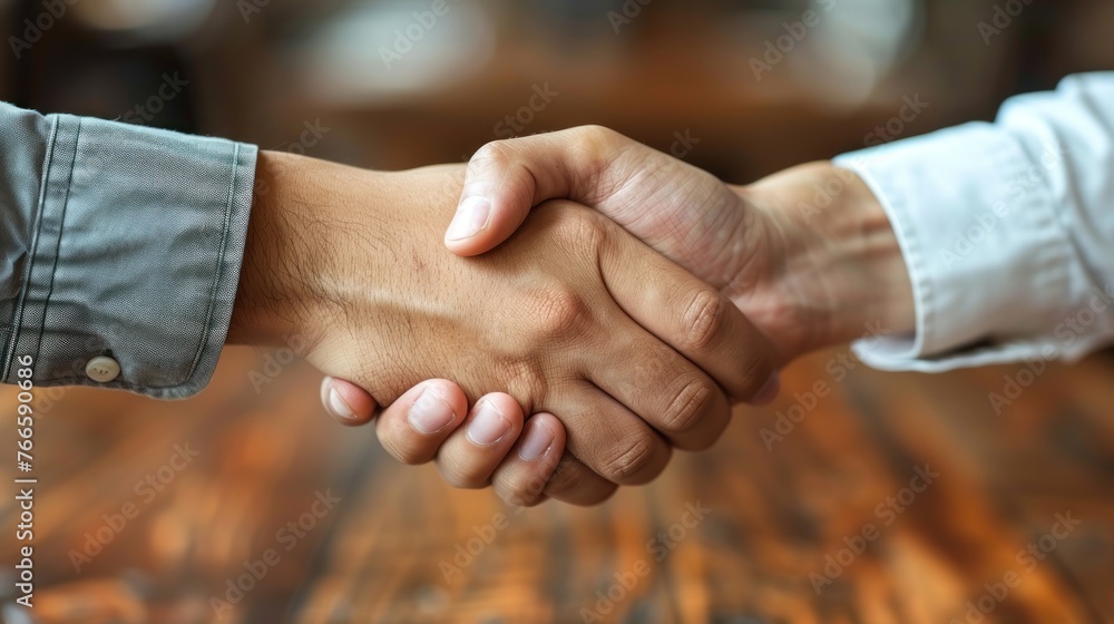 Two individuals engage in a handshake, showing a gesture of agreement or greeting Two individuals engage in a handshake, showing a gesture of agreement or greeting