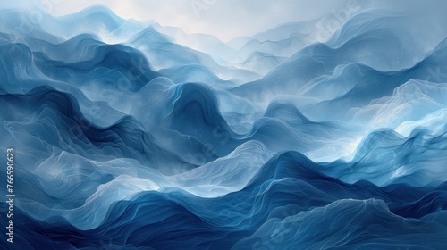 A painting depicting powerful blue waves crashing in the ocean