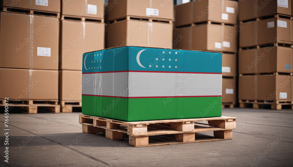 Box with Uzbekistan flag. Uzbekistan logistics port. Logistics industry