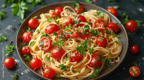 A plate with spaghetti topped with fresh tomatoes and parsley