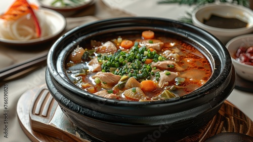 A black clay pot of traditional Korean chicken soup. Generative AI.