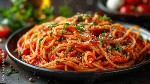 A plate of spaghetti topped with tomato sauce and parsley