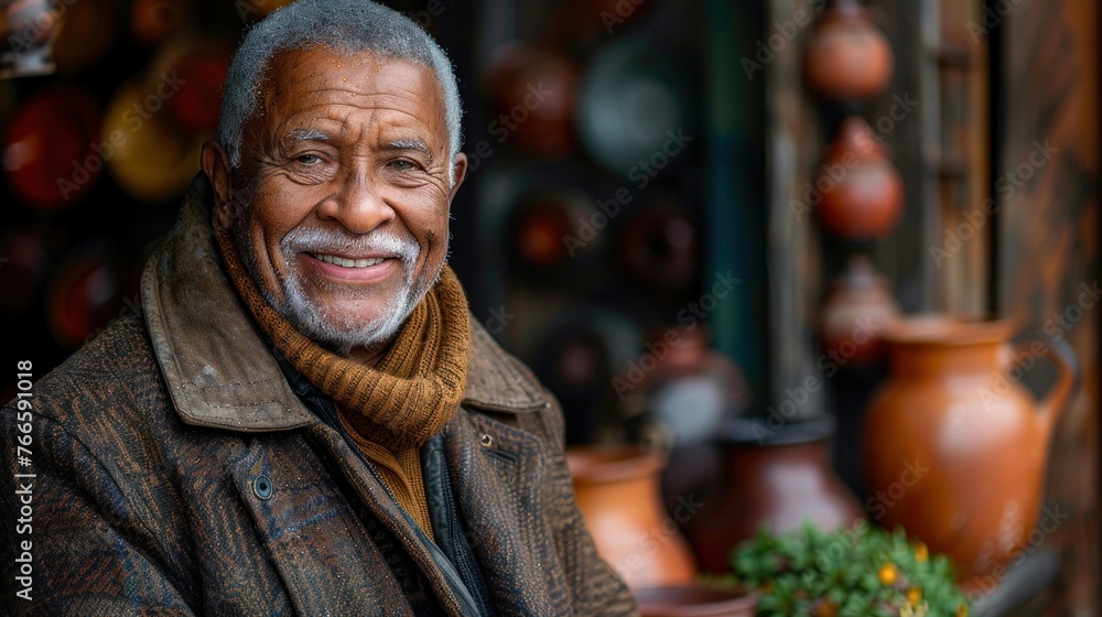 Elderly man wearing a scarf, seated in front of a potted plant Elderly man wearing a scarf, seated in front of a potted plant