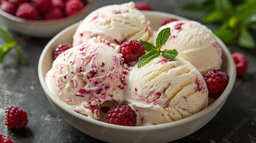 A bowl filled with vanilla ice cream topped with fresh raspberries A bowl filled with vanilla ice cream topped with fresh raspberries