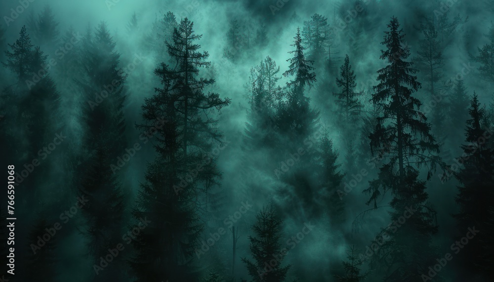 Dense forest shrouded in fog, with numerous tall trees stretching into the mist