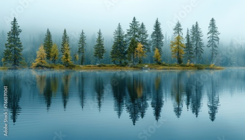 A body of water covered in fog and encircled by a forest of trees