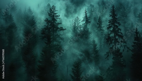 Dense forest shrouded in fog, with numerous tall trees stretching into the mist