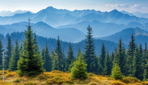 A striking view of a mountain range with lush trees in the foreground