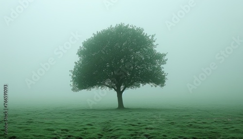A single tree stands tall in the center of a field covered in dense fog