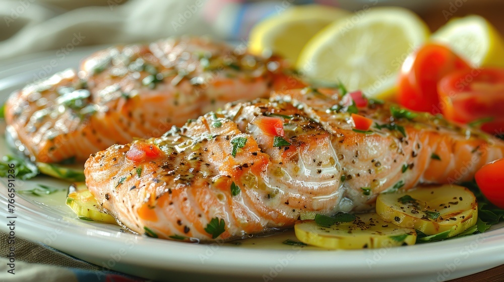 A white plate with a serving of salmon and assorted vegetables on top A white plate with a serving of salmon and assorted vegetables on top