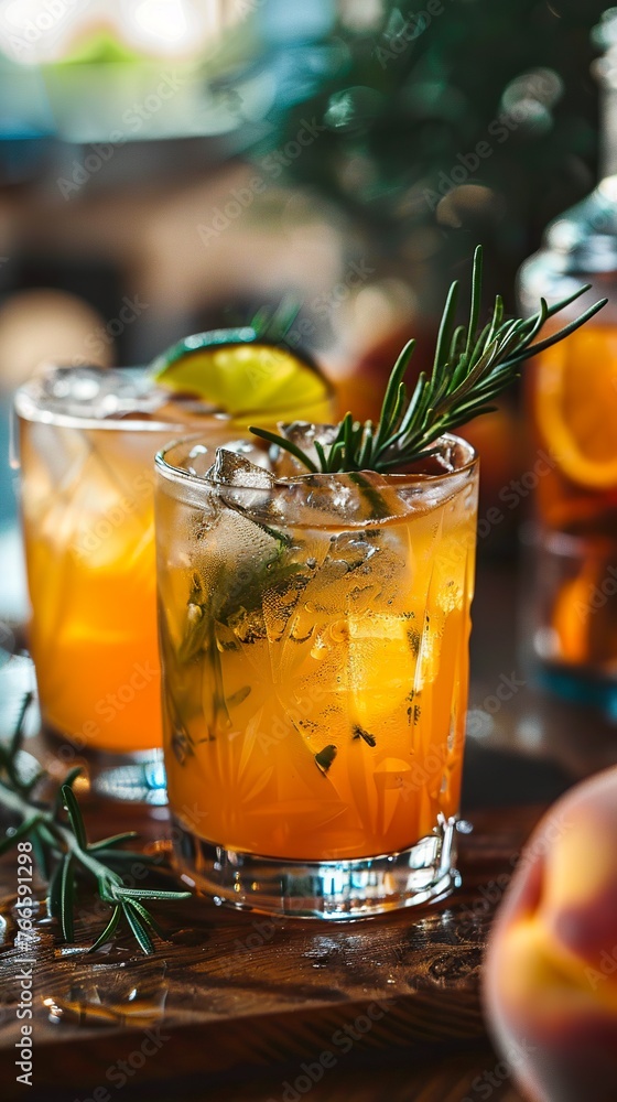 A refreshing peach cocktail with rosemary and a citrus touch of lemon. Cocktail or iced peach tea with lemon and fresh rosemary aroma. A refreshing peach cocktail with rosemary and a citrus touch of lemon. Cocktail or iced peach tea with lemon and fresh rosemary aroma.