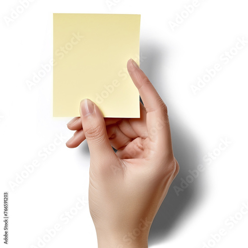 A realistic photograph of a hand holding a post-it note, isolated.