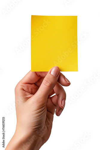 A realistic photograph of a hand holding a post-it note, isolated.
