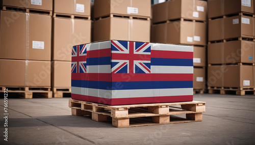 Box with Hawaii flag. Hawaii logistics port. Logistics industry in Hawaii. Export and import of goods.