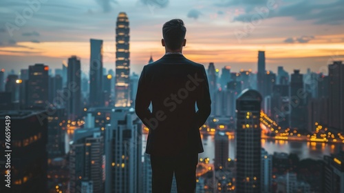 A man stands atop a tall building, overlooking the city below