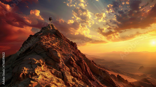 A single hiker reaching the summit of a desert mountain at sunset, the sky ablaze with colors.