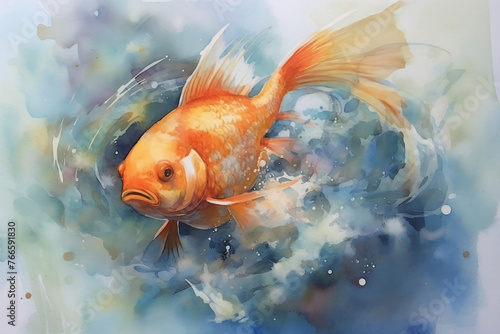 Watercolor golden fish in underwater world.