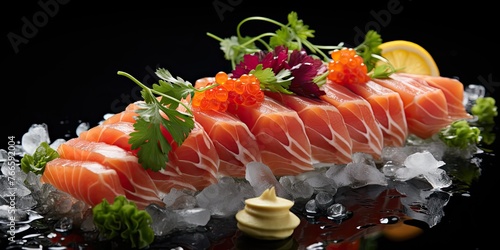 Exquisite Freshness: Thinly Sliced Sashimi Served on a Bed of Ice, Offering a Refreshing and Flavorful Culinary Experience 