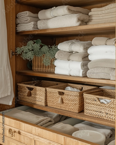 Linen cupboard in bathroom with shelves baskets, clean towels and closet organizer drawers in scandinavian style, eco friendly solution for storage