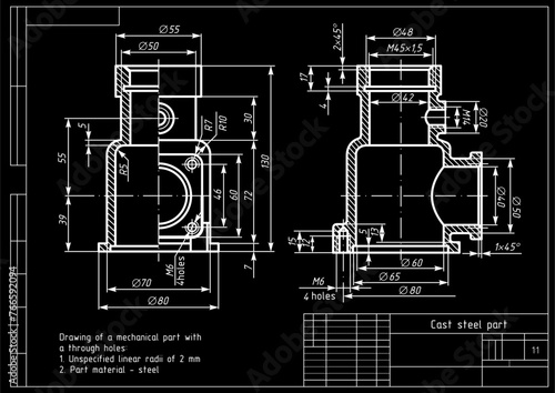 Vector mechanic drawing of a steel cast mechanical part with 
through holes and dimension lines.
Engineering cad scheme. Technical template. 3d model. Cross section.