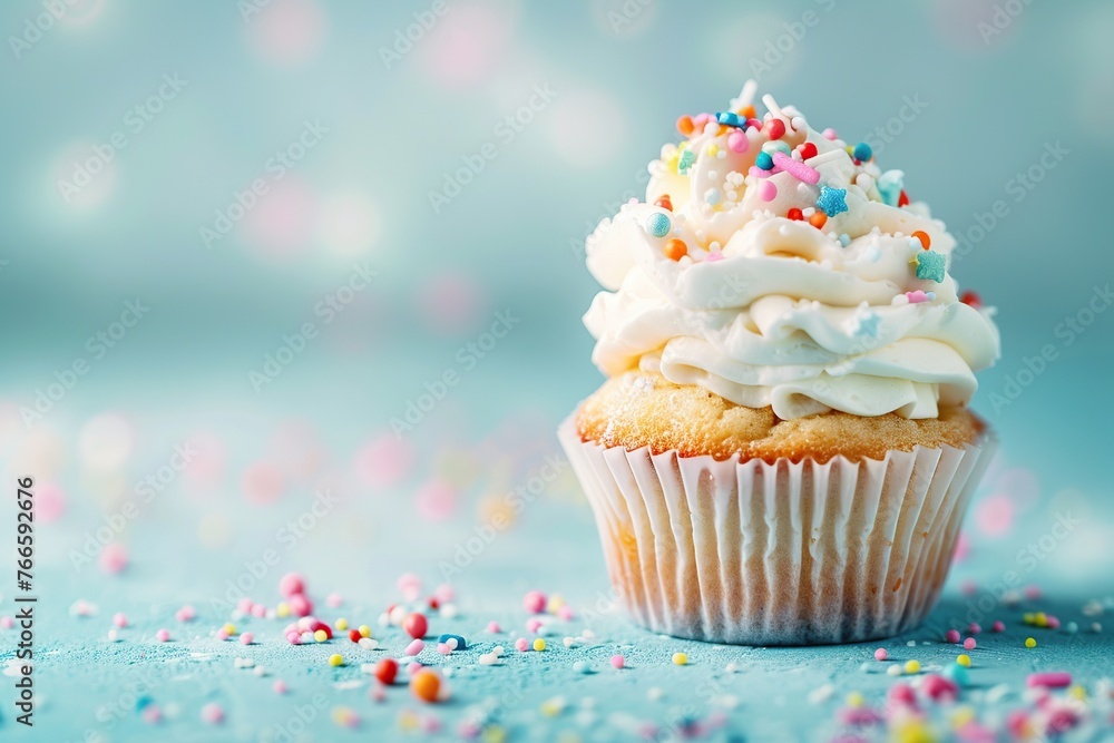 Tasty cupcake with butter cream and sprinkles on blue background Tasty cupcake with butter cream and sprinkles on blue background