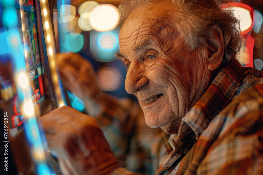 A detailed view of a cheerful elderly man at a casino, his eyes filled with anticipation as he pulls the lever of a slot machine. A detailed view of a cheerful elderly man at a casino, his eyes filled with anticipation as he pulls the lever of a slot machine.