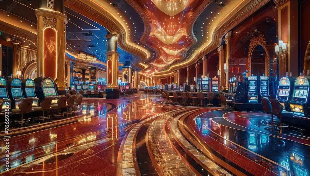 Casino, Slot machines of the casino, Gaming machines at a casino hotel. Generative AI.