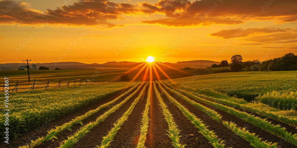 Sunset over a serene agricultural landscape - obrazy, fototapety, plakaty 