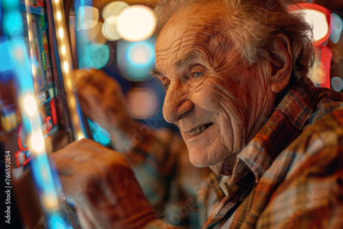 A detailed view of a cheerful elderly man at a casino, his eyes filled with anticipation as he pulls the lever of a slot machine.